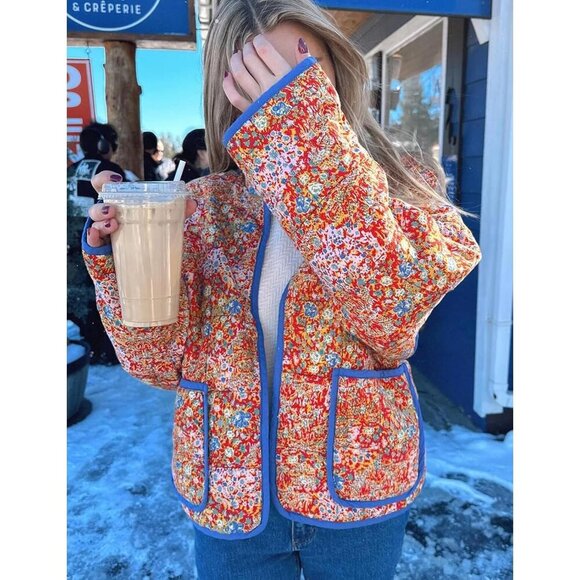 Women’s Orange  Cropped Puffer Quilted Jacket Floral Print Lightweight Coat - Picture 3 of 7